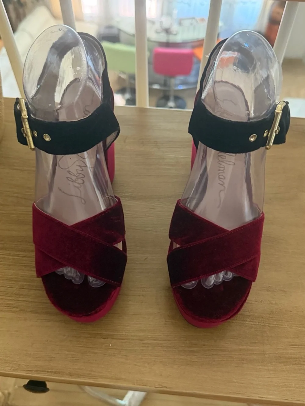 Libby. edelman Burgundy and Black Velvet Platform Block Heel Sandals - Picture 8 of 16